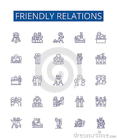 Friendly relations line icons signs set. Design collection of Amicable, Cordial, Chummy, Affable, Convivial, Favorable Vector Illustration