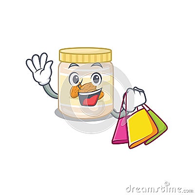 A friendly rich almond butter waving and holding Shopping bag Vector Illustration