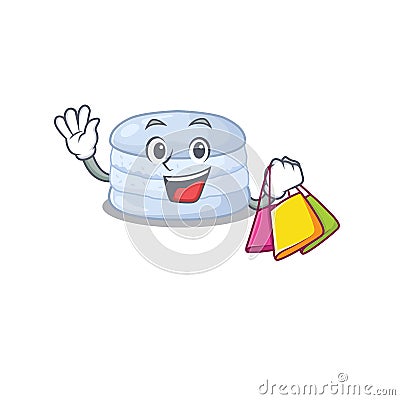 A friendly rich blueberry macaron waving and holding Shopping bag Vector Illustration