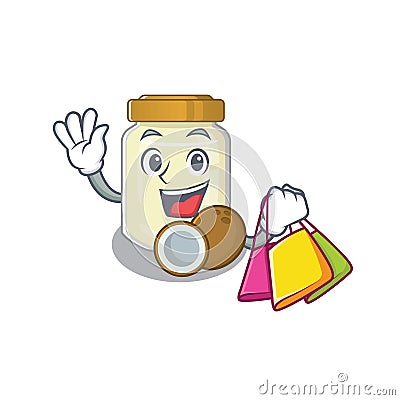 A friendly rich coconut butter waving and holding Shopping bag Vector Illustration