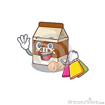 A friendly rich hazelnut milk waving and holding Shopping bag Vector Illustration
