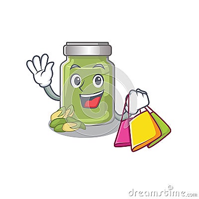 A friendly rich pistachio butter waving and holding Shopping bag Vector Illustration