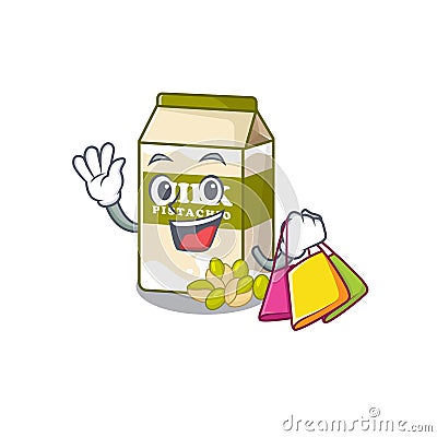 A friendly rich pistachio milk waving and holding Shopping bag Vector Illustration