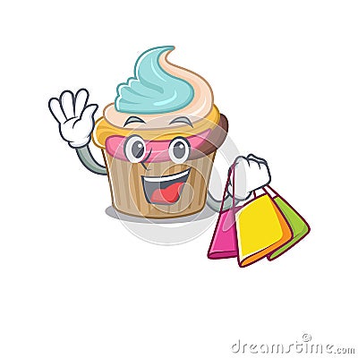 A friendly rich rainbow cupcake waving and holding Shopping bag Vector Illustration