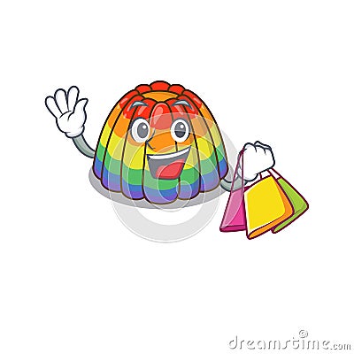 A friendly rich rainbow jelly waving and holding Shopping bag Vector Illustration