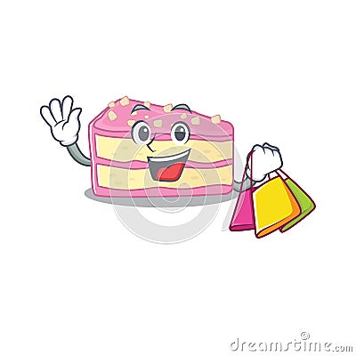 A friendly rich strawberry slice cake waving and holding Shopping bag Vector Illustration