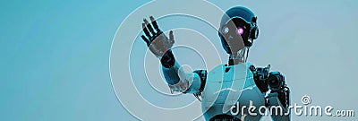 friendly robot assistant waves hello, mobile chatbot, computer security on the Internet, horizontal banner, poster, blue Stock Photo