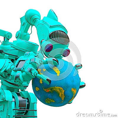 Friendly robot is looking the planet on his hands in white background side view Cartoon Illustration