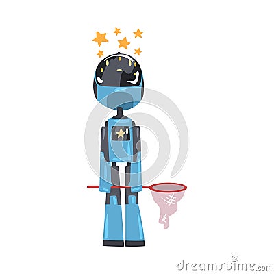 Friendly Robot with Net and Stars over its Head, Cute Personal Robotic Assistant Character, Artificial Intelligence Vector Illustration