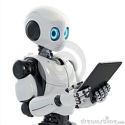 Friendly Robot Using a Tablet Technology and Automation Concept Stock Photo