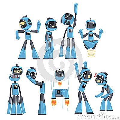 Friendly Robots Set, Funny Robotics Character in Different Situations, Artificial Intelligence Concept Cartoon Style Vector Illustration