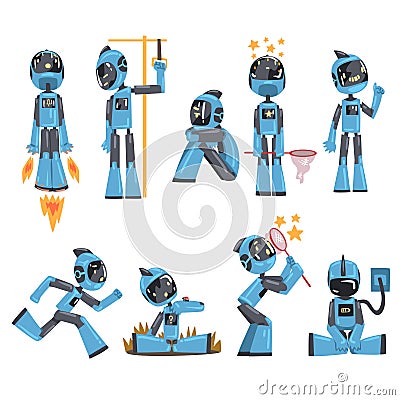 Friendly Robots Set, Funny Robotics Personal Assistant Character in Different Situations, Artificial Intelligence Vector Illustration