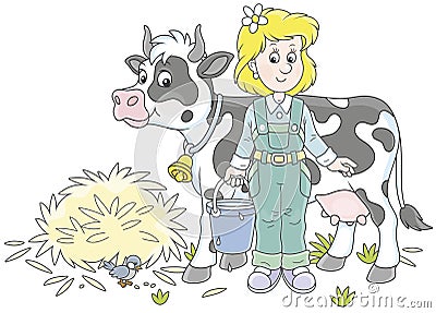 Milkmaid and Cow Vector Illustration
