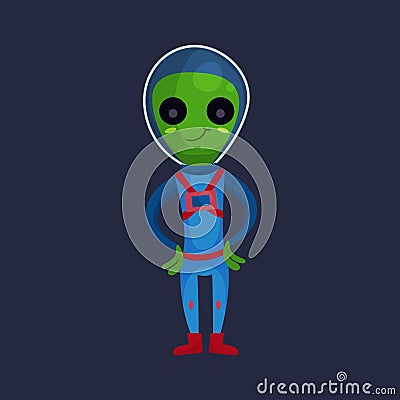 Friendly smiling green alien with big eyes wearing blue space suit, alien positive character cartoon Illustration Stock Photo