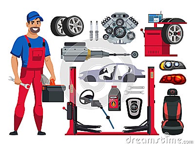 Man auto mechanic and car repair spare part set Stock Photo