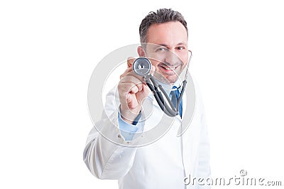 Friendly smiling medic or doctor holding stethoscope Stock Photo