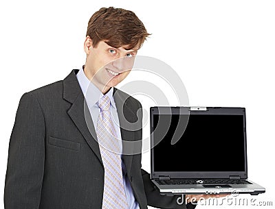 Friendly smiling person holds laptop on hand Stock Photo