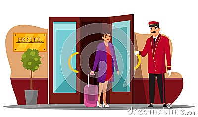 Friendly smiling porter man meeting hotel guest Vector Illustration