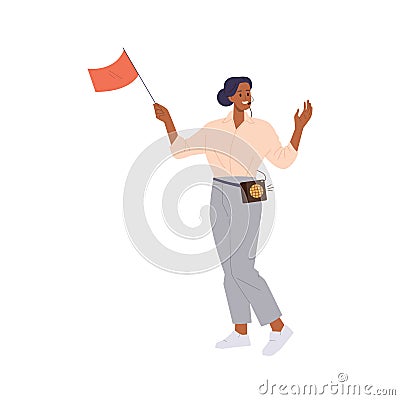 Friendly smiling tour guide woman cartoon character holding red flag isolated on white background Vector Illustration