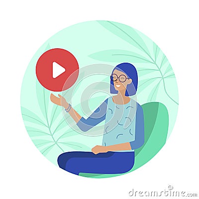 Friendly Smiling Woman Presents New Video Cartoon Vector Illustration