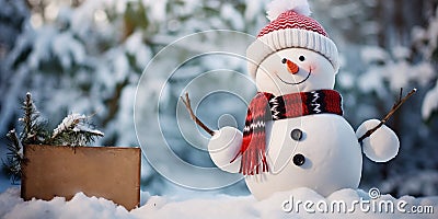 A friendly snowman with a sign that you can customize with your text. Stock Photo