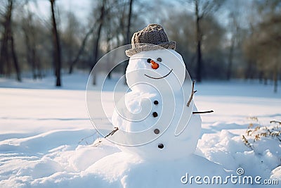 A friendly snowman smiling in a calm winter landscape Stock Photo