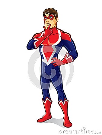 Friendly Superhero Thinking Vector Illustration