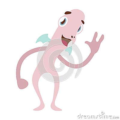 Friendly tall skinny pink monster waving Vector Illustration