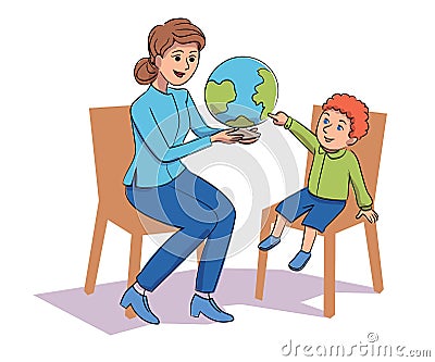 Friendly teacher demonstrating globe to children Vector Illustration