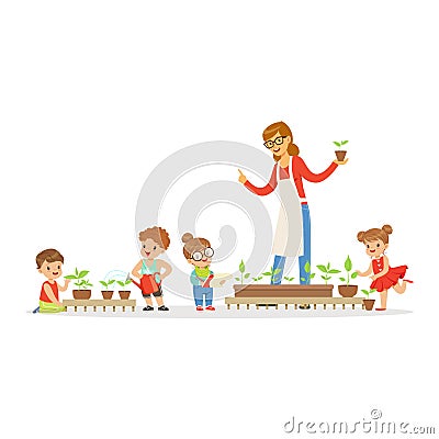 Friendly teacher explaining kids about plants during lesson of botany in kindergarten cartoon vector Illustration Vector Illustration