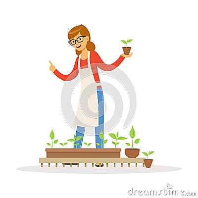 Friendly teacher telling about plants during lesson of botany in kindergarten cartoon vector Illustration Vector Illustration