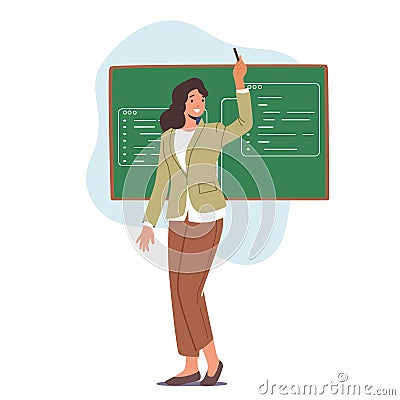 Friendly Teacher Woman Stand At Blackboard Explain Lesson Isolated On White Background. Young Female Tutor Vector Illustration