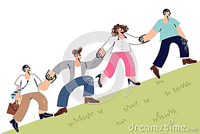 Friendly team of office workers climb hill together and hold hands, demonstrating teamwork skills Vector Illustration