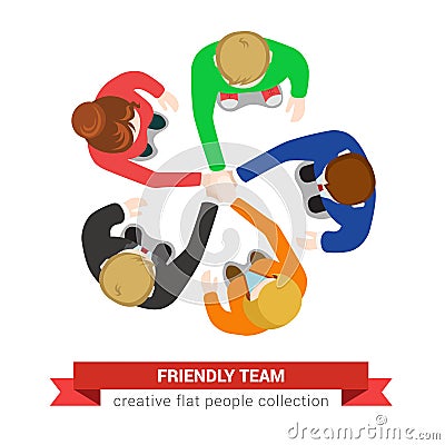 Friendly team work in vector flat: hand on hand, support, staff Vector Illustration
