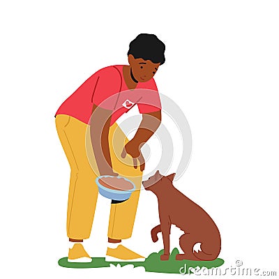 Friendly Volunteer Feeding Dog In Animal Shelter Or Pound. Young Man Giving Food To Homeless Puppy, Character with Bowl Vector Illustration