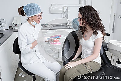 Female dentist showing teeth brushing technique to client Stock Photo