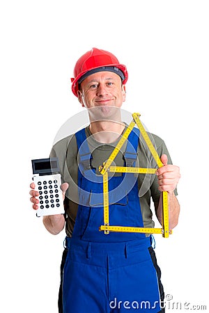 Friendly worker with yardstick and piggy bank Stock Photo