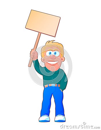A friendly young guy is standing with a poster in his hand Vector Illustration