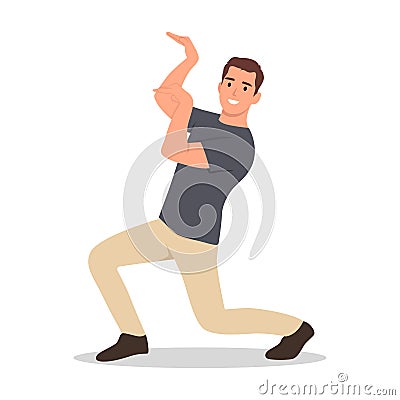 Friendly young man with short medium brown hair in casual outfit dancing Cartoon Illustration