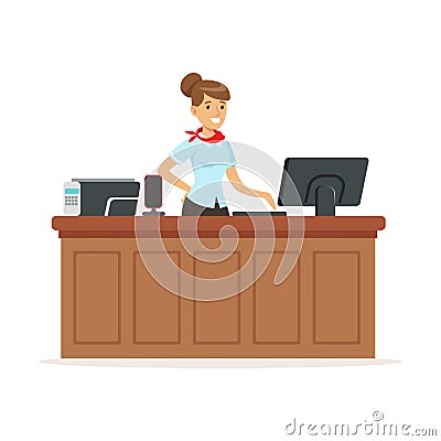 Friendly young woman behind the reception of a hotel, reception service vector Illustration Vector Illustration