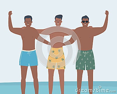 Friends in beach shorts stand against the background of the sea. Three young men in swimming trunks stand together Vector Illustration
