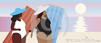 Friends beach at sunset, template with place for text, copy space flat vector stock illustration with women with air mattresses in Cartoon Illustration