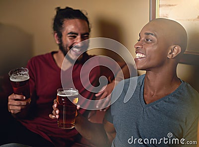 Friends, beer and pub for funny, smile and relax indoor for fun and bonding in summer to destress. Male people, bar and Stock Photo