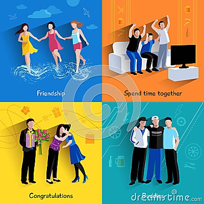 Friends buddies 4 flat icons square Vector Illustration