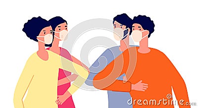 Friends bumping elbows. Distance greeting, protection contacts with people. Safe social touch, persons together in masks Cartoon Illustration