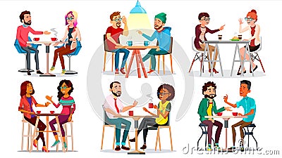 Friends In Cafe Vector. Man, Woman, Boyfriend, Girlfriend. Sitting Together And Drinking Coffee. Bistro, Cafeteria Vector Illustration