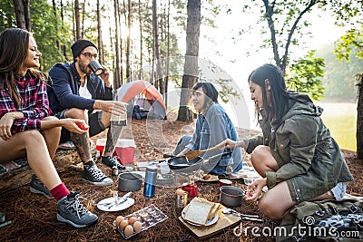 Friends Camping Eating Food Concept Stock Photo