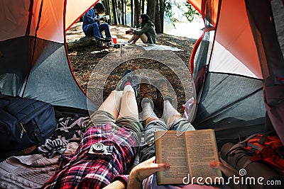 Friends Camping Relax Vacation Weekend Concept Stock Photo