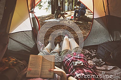 Friends Camping Relax Vacation Weekend Concept Stock Photo