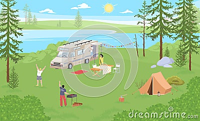 Friends at campsite vector traveling on weekend Vector Illustration
